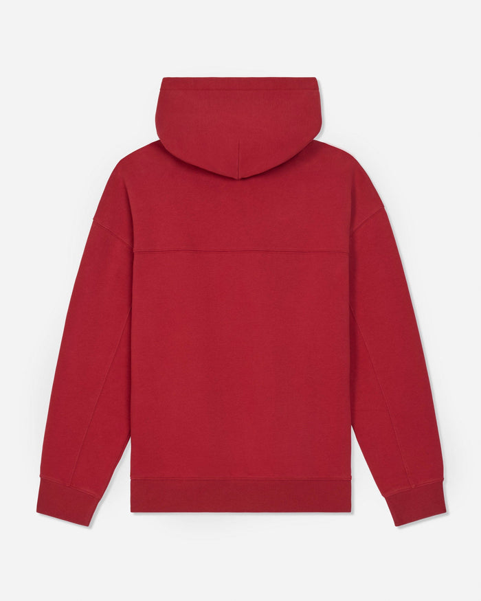 A red pullover hoodie shown from the back, featuring a solid color design, ribbed cuffs, and a ribbed hem, photographed against a light gray background.
