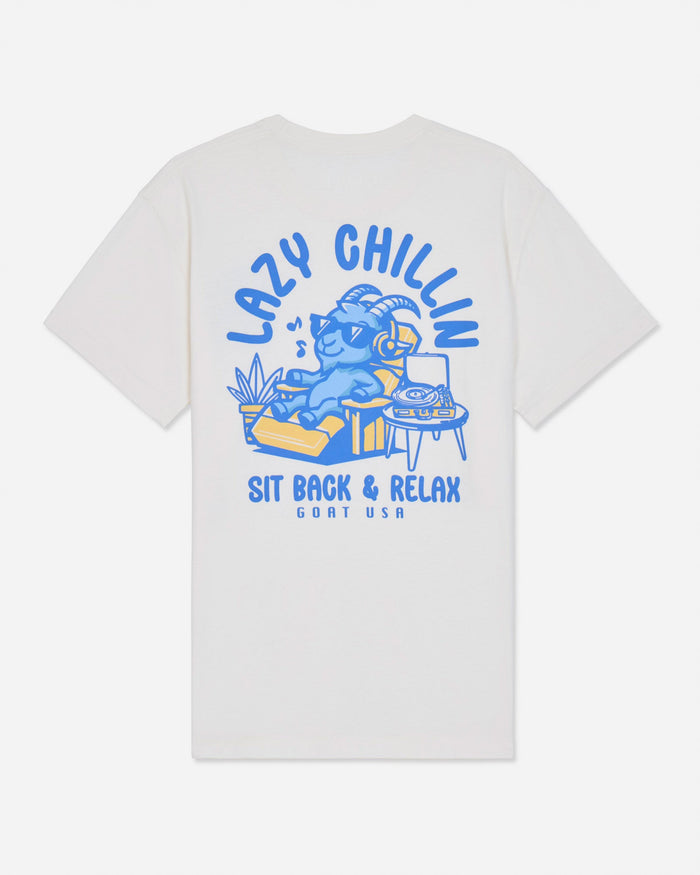 Back of bone t-shirt with goat sitting back and listening to music graphic