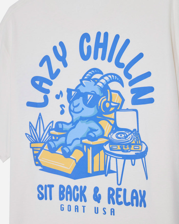 Close-up of bone t-shirt with goat sitting back and listening to music graphic