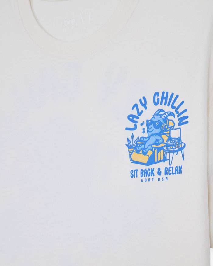 Bone t-shirt with goat sitting back and listening to music left-chest graphic