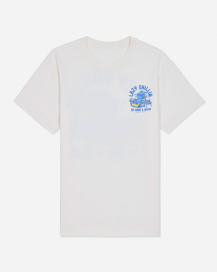A bone short-sleeve t-shirt with a small blue graphic on the left chest, displayed against a light gray background.