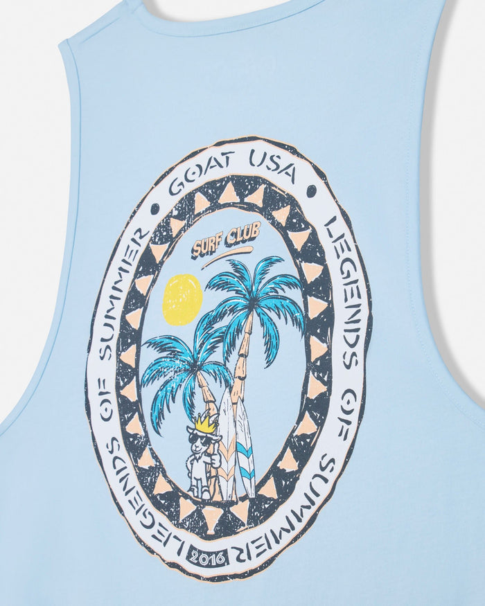 Light blue tank top with palm tree graphic and text on a white background