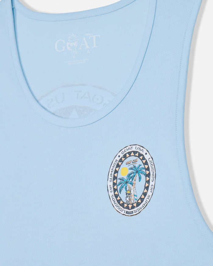 Light blue tank top with a palm tree design and brand logo on a white background