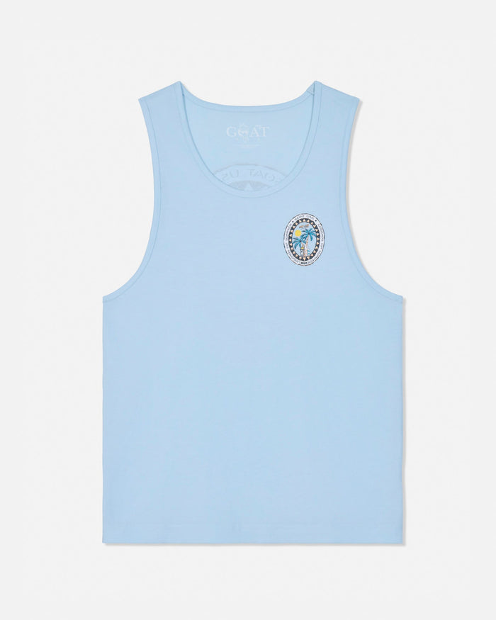 Light blue tank top with a logo on a white background