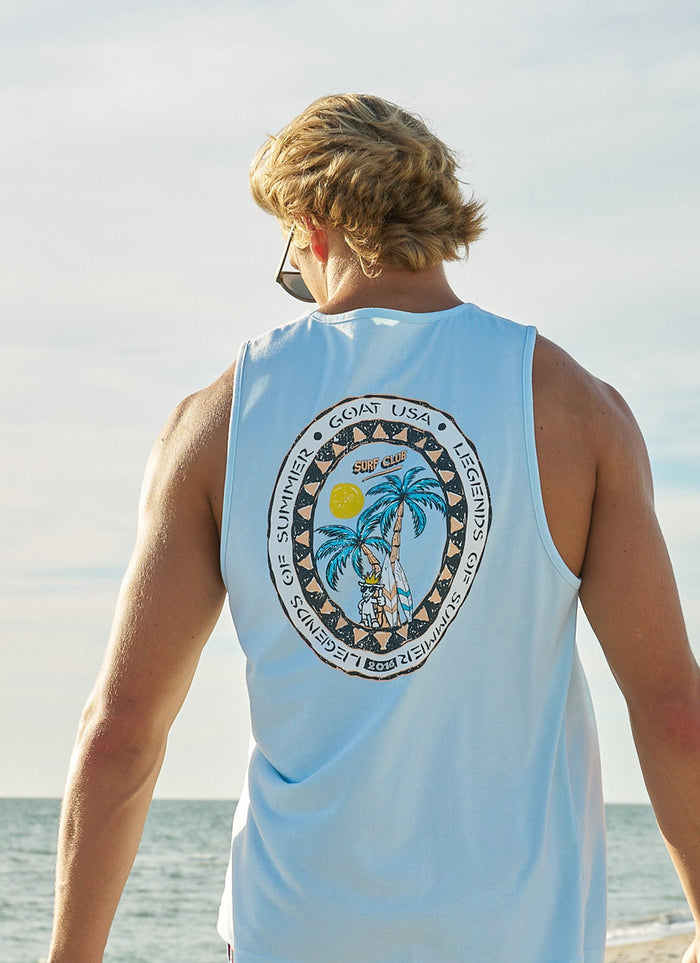 Guy wearing a blue tank top and sunglasses with the ocean in the background