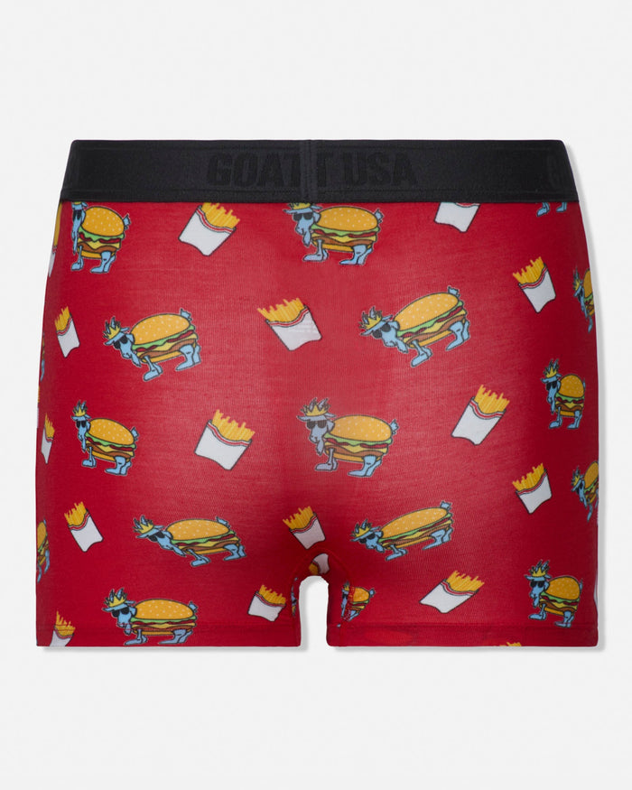 Red boxer briefs with burger and fries pattern on a white background