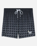 Front of black mesh shorts with a hockey net pattern