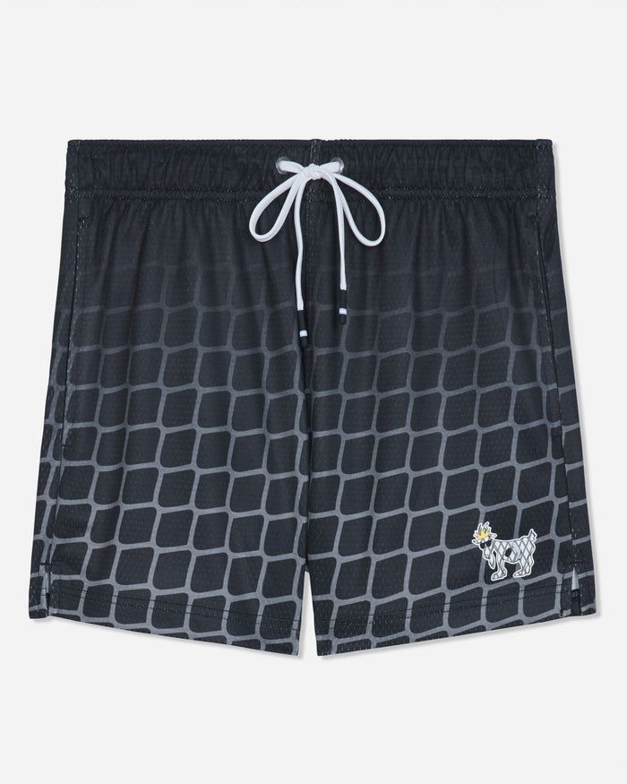Front of black mesh shorts with a hockey net pattern