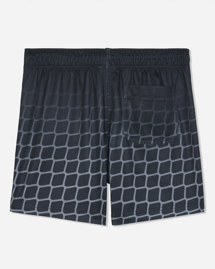 Back of black mesh shorts with a hockey net pattern