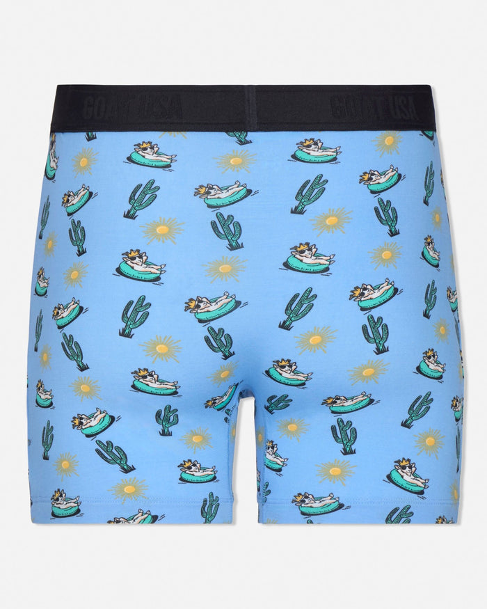 Blue boxer briefs with cactus and boat pattern on a white background