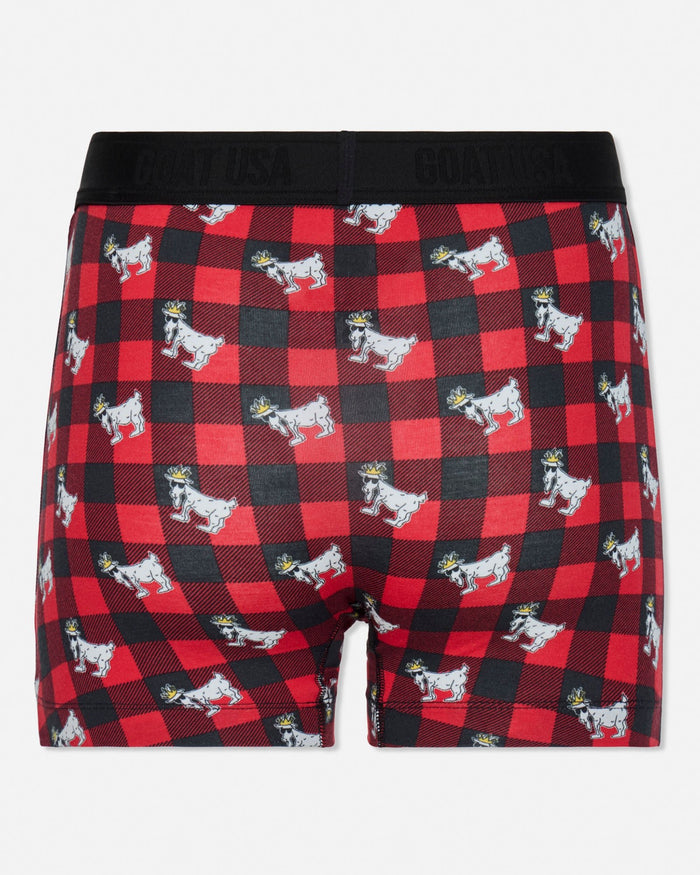 Red and black checkered boxer briefs with goat pattern on a white background