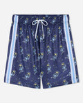 Front of navy mesh shorts with blue goat and hockey design