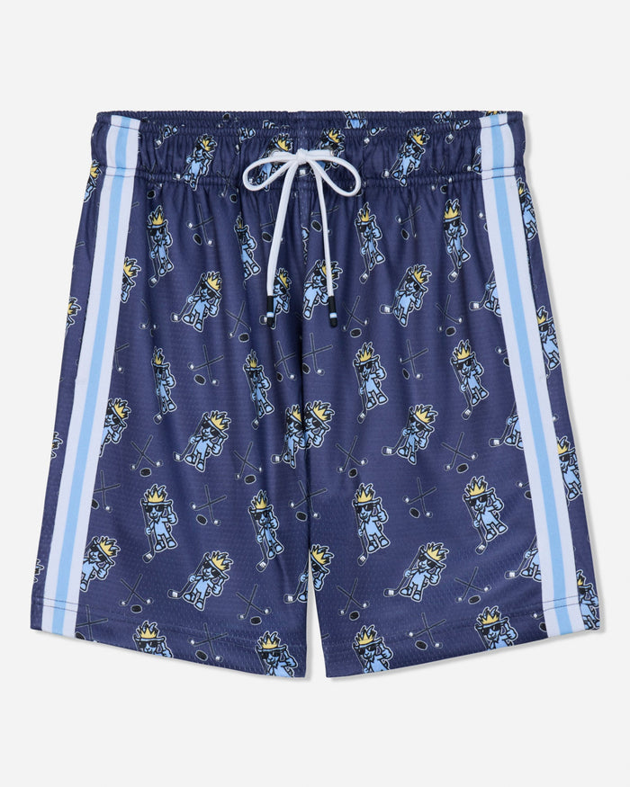 Front of navy mesh shorts with blue goat and hockey design