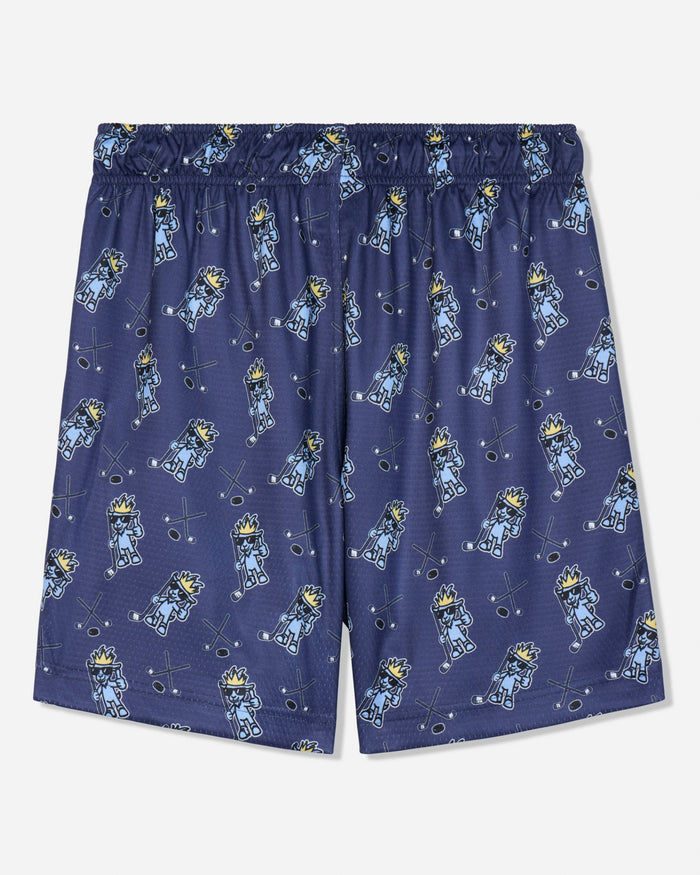 Back of navy mesh shorts with blue goat and hockey design