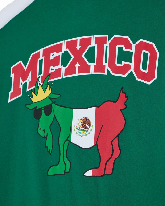 Green shirt with a graphic of a goat wearing a crown and Mexican flag, and 'MEXICO' text.