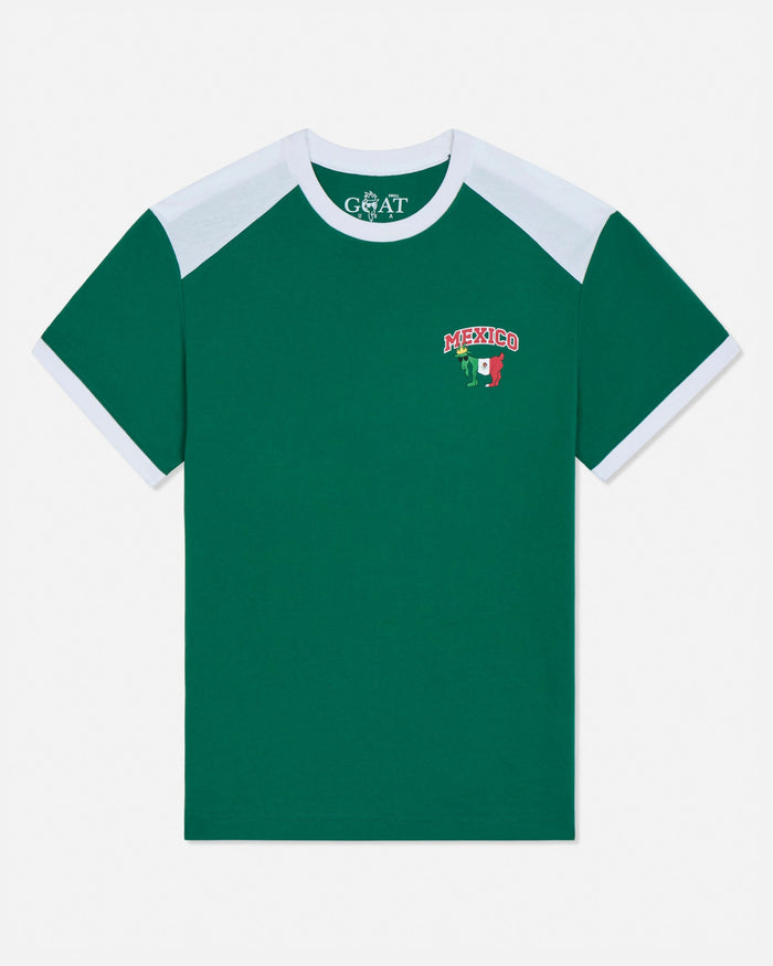 Green t-shirt with white accents and a logo on a light gray background
