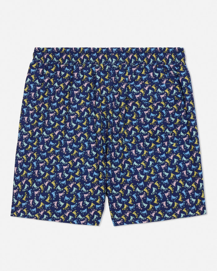 Navy shorts with colorful goat pattern on a light gray background