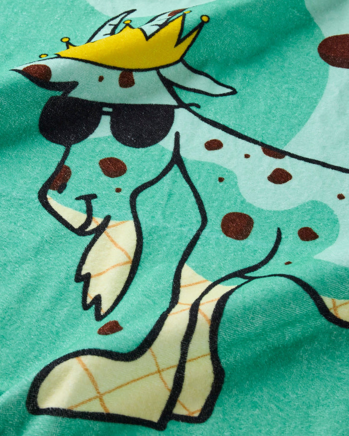 Cartoon character with a crown on a green background