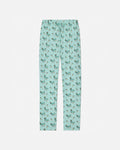 Light green pajama pants with goat pattern on a white background