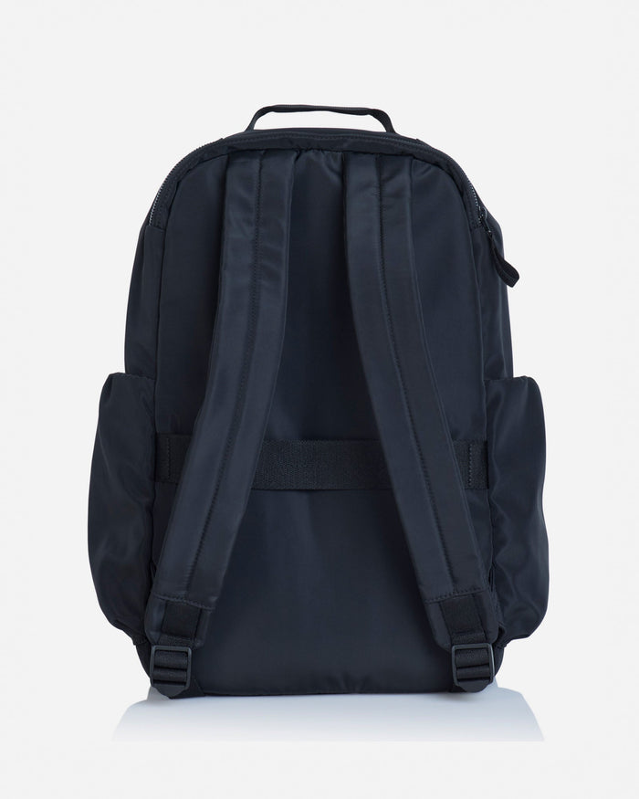 Back of simple black backpack