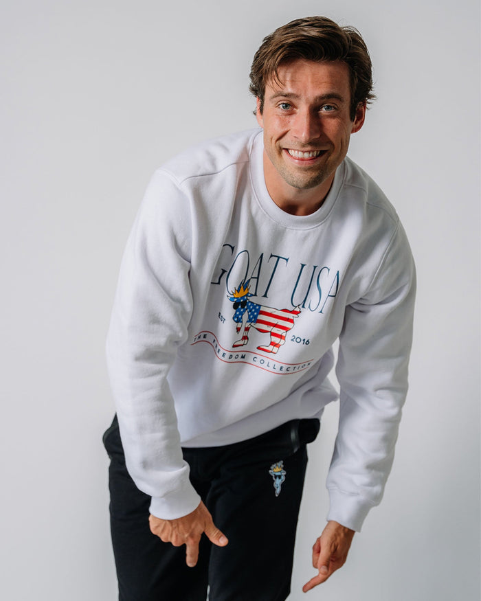 Model wearing white Freedom North Tyson Crewneck Sweatshirt#color_white