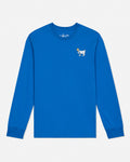 A bright blue long-sleeve crewneck shirt with a small white and yellow goat graphic on the left chest, displayed on a clean white background.#color_french-blue