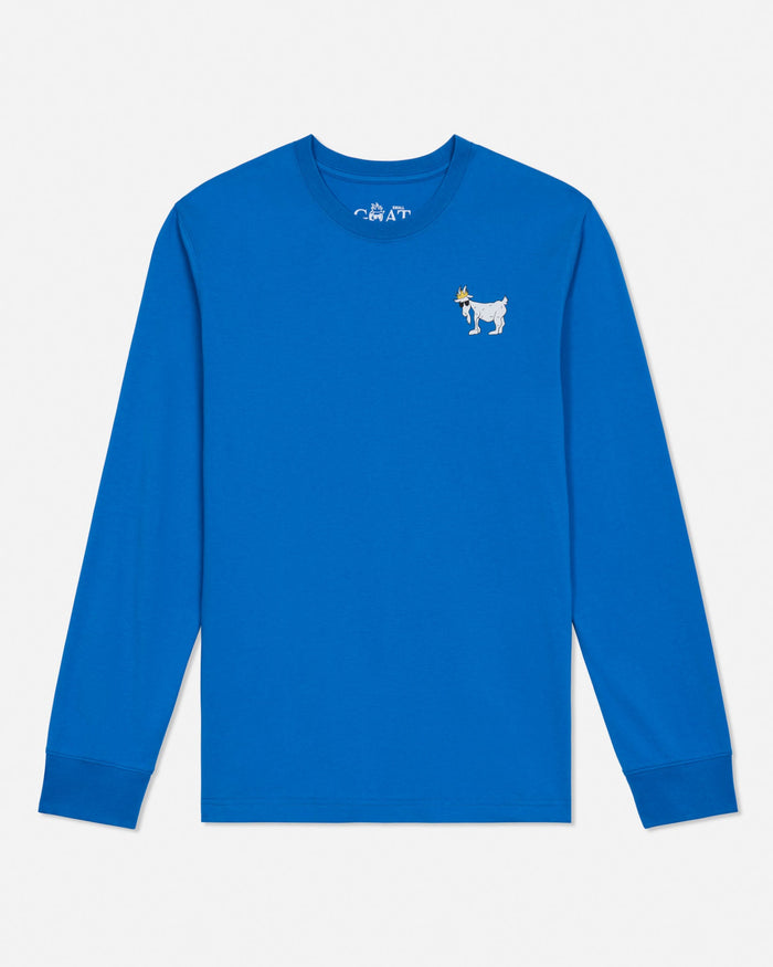 A bright blue long-sleeve crewneck shirt with a small white and yellow goat graphic on the left chest, displayed on a clean white background.#color_french-blue