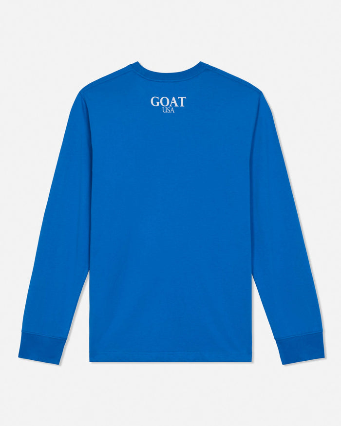 A bright blue long-sleeve crewneck shirt with 'GOAT USA' printed in white on the upper chest, displayed flat against a light gray background.#color_french-blue