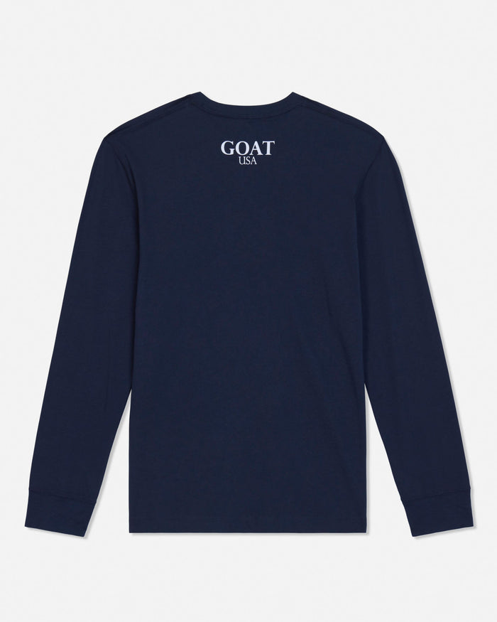A navy blue long-sleeve t-shirt with 'GOAT USA' printed in white on the upper chest, displayed against a light gray background.#color_navy-blazer
