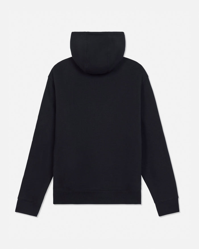 A black pullover hoodie shown from the back, featuring a simple hood and long sleeves, photographed against a clean, light gray background.#color_black