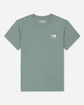 A sage green short-sleeve t-shirt with a small white embroidered goat logo on the left chest, displayed flat against a light gray background.#color_steeped-sage