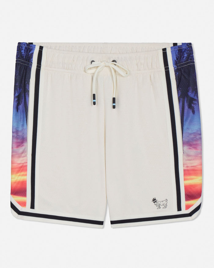 Beige shorts with colorful palm tree design on a white background