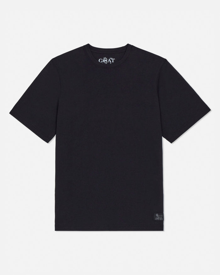 Black t-shirt with a brand logo on a white background#color_black