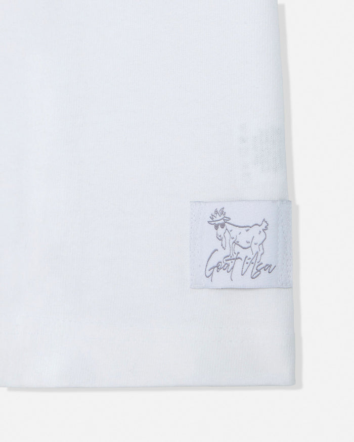 White tee with stitched tag on a white background#color_white