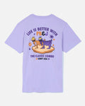 Back of lavender t-shirt with peanut butter and jelly goat graphic