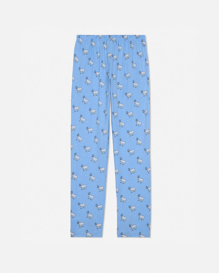 Blue pajama pants with animal pattern on a light gray background