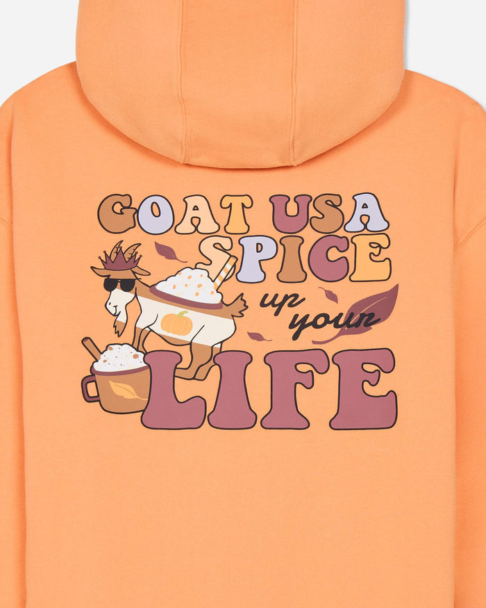 Orange hoodie with a graphic of a goat and text on the back