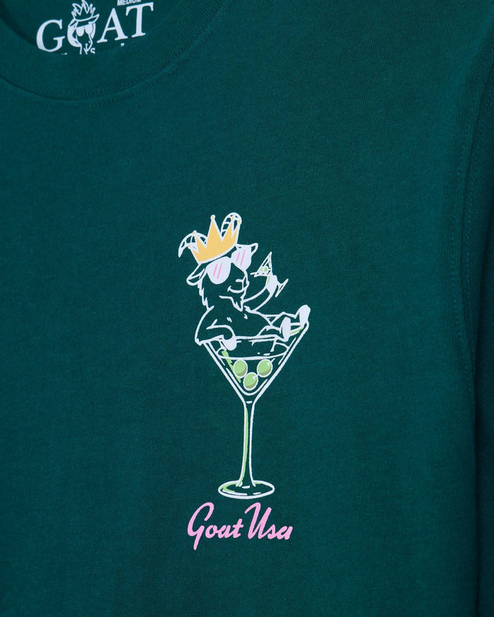 Martini glass goat left-chest graphic on sage t-shirt