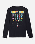 Black long-sleeve shirt with colorful graphic design on a light gray background