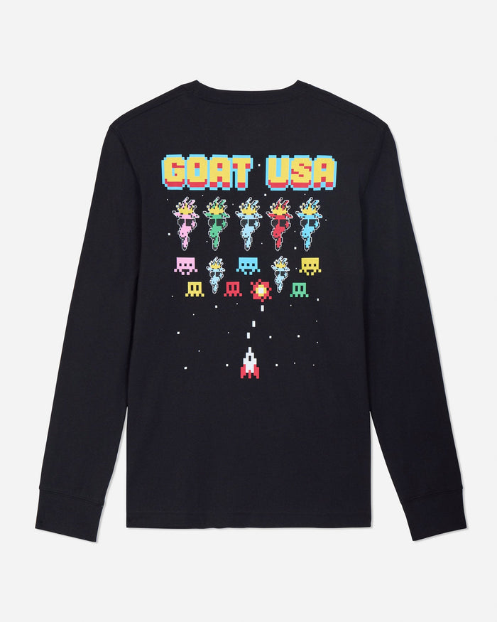 Black long-sleeve shirt with colorful graphic design on a light gray background