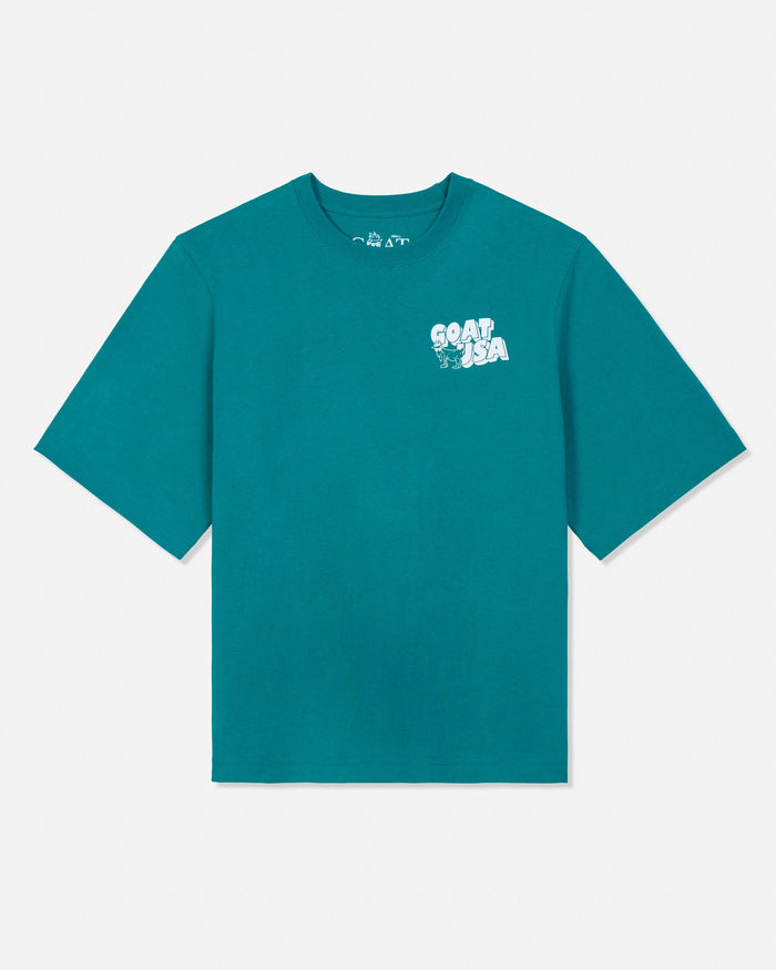 Teal t-shirt with white text on a light gray background
