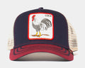 Rooster Trucker Mens Hat (Navy Blue/Red/White)