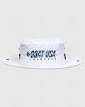 White bucket hat with lacrosse stick design that reads "GOAT USA LACROSSE"