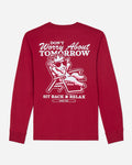 Red long-sleeve shirt with white graphic and text on a white background