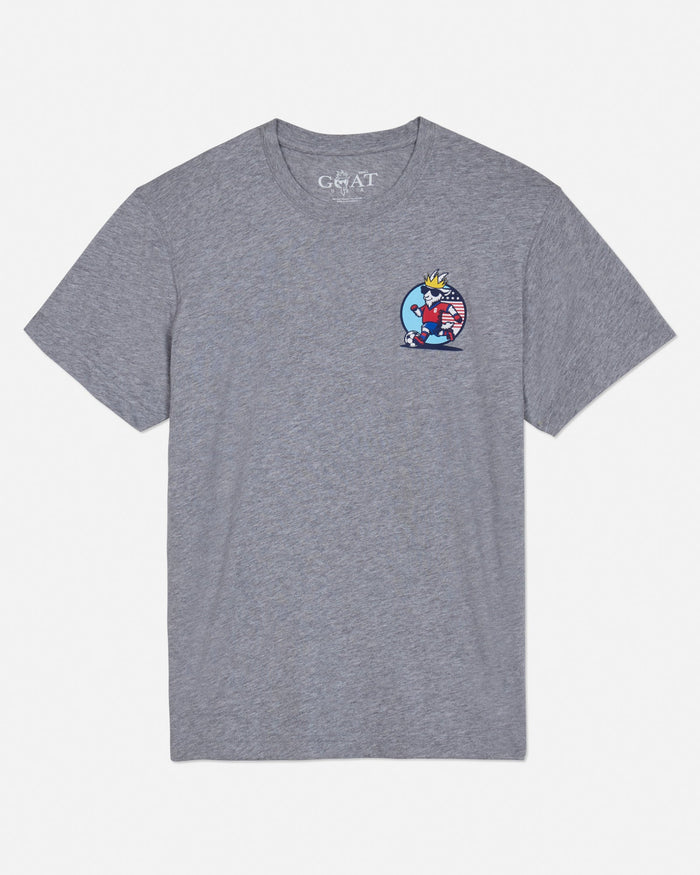 Front of gray t-shirt with soccer player goat graphic