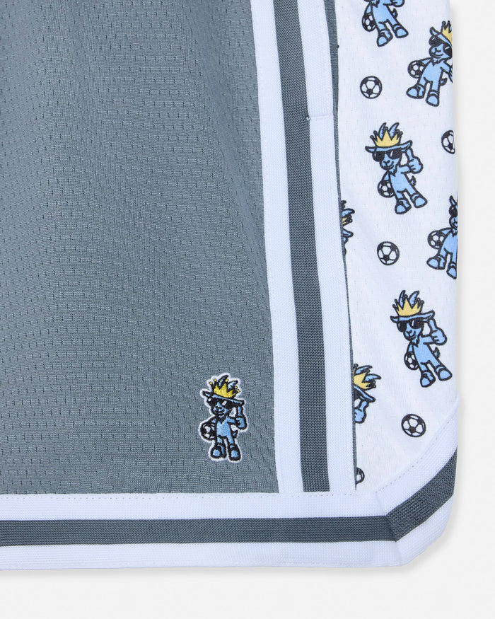 Gray shorts with cartoon character border and logo