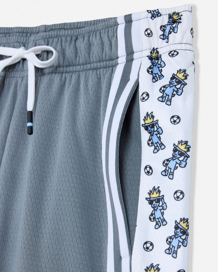 Gray shorts with a white side strip featuring cartoon characters and soccer balls.