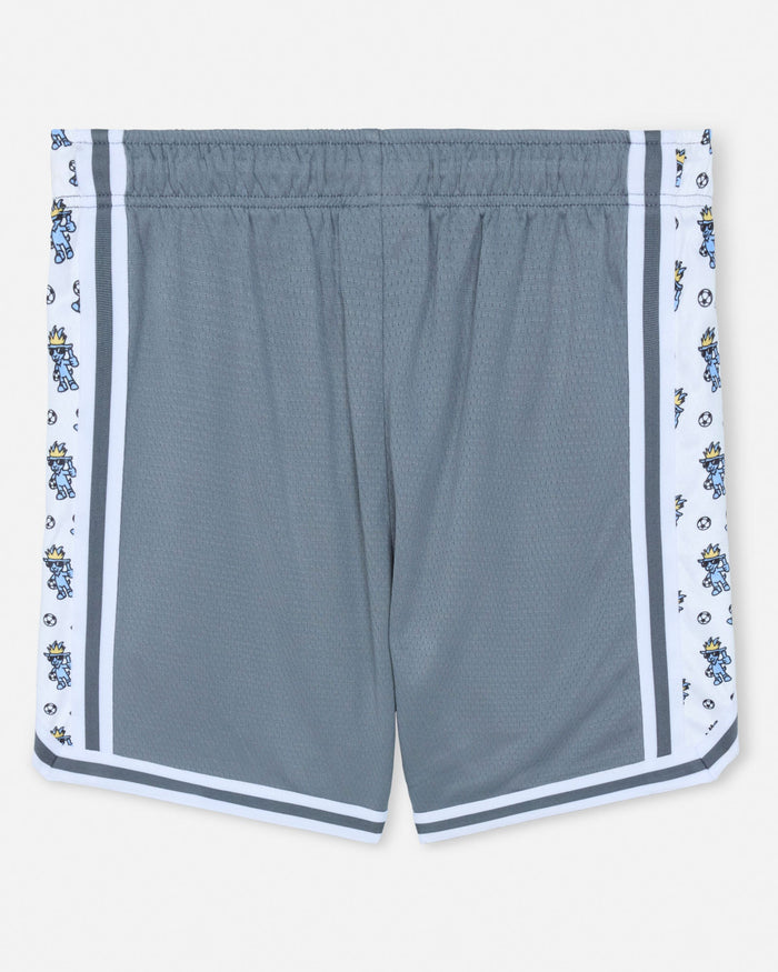 Gray shorts with decorative trim on a white background
