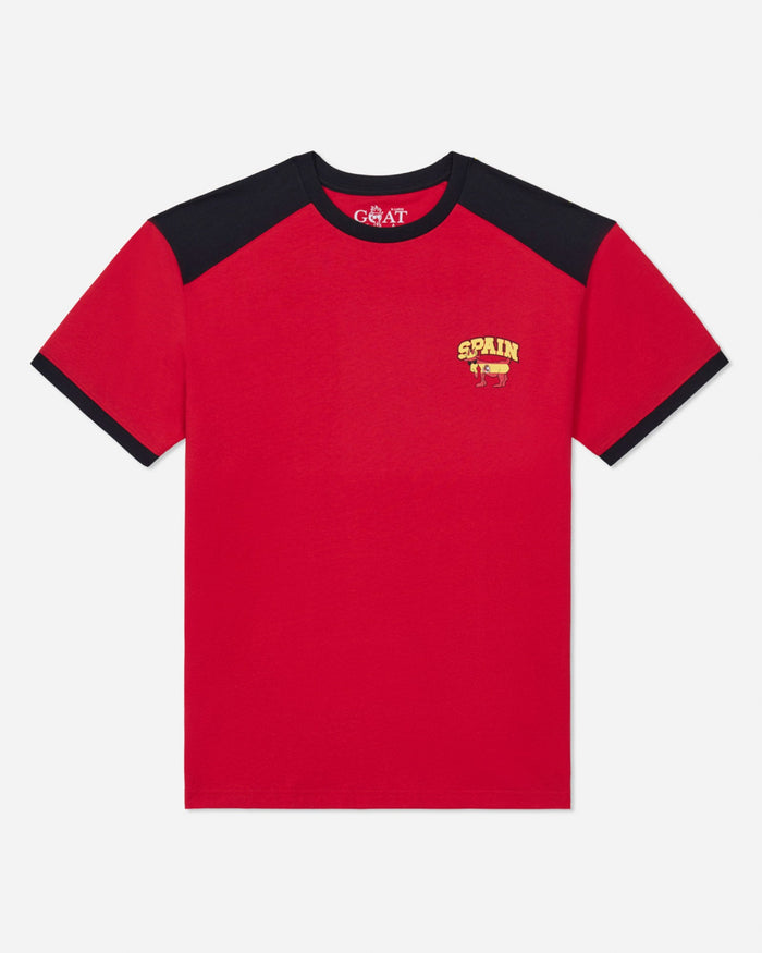 Red t-shirt with black sleeves and 'Spain' logo on a white background