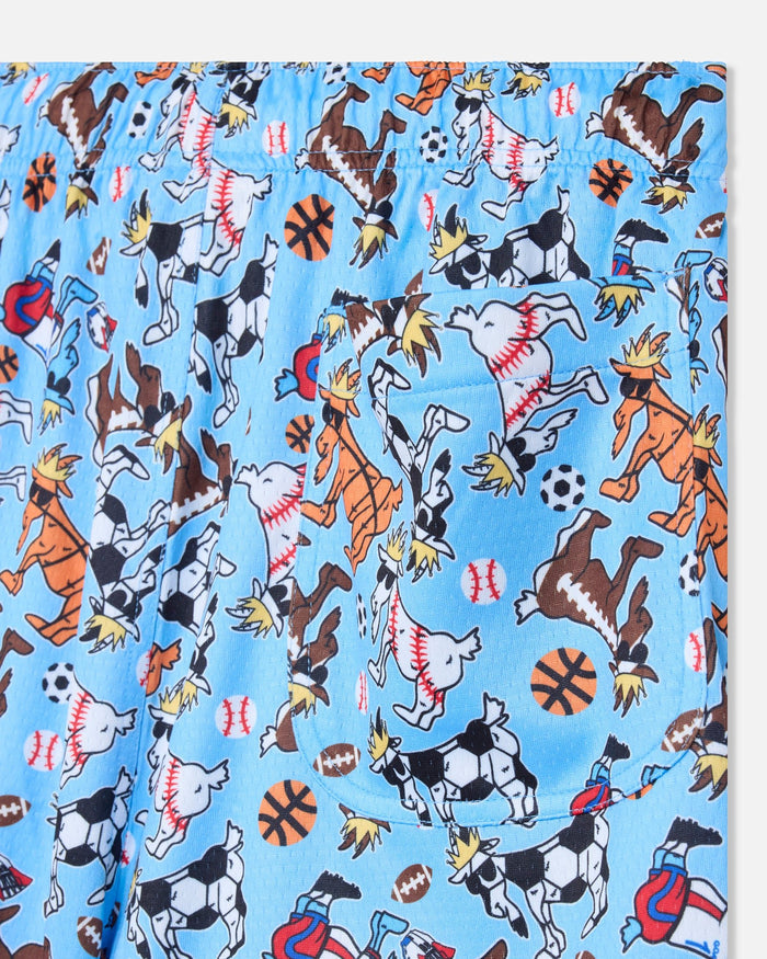 Fabric with cartoon goat pattern on a blue background